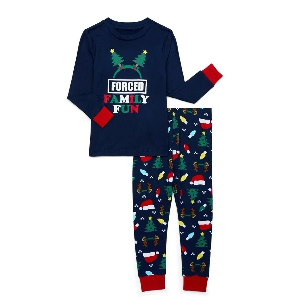 Kids Pajama 2T 2 Pc Set Unisex Blue Family Sleepwear Forced Family Fun Christmas
